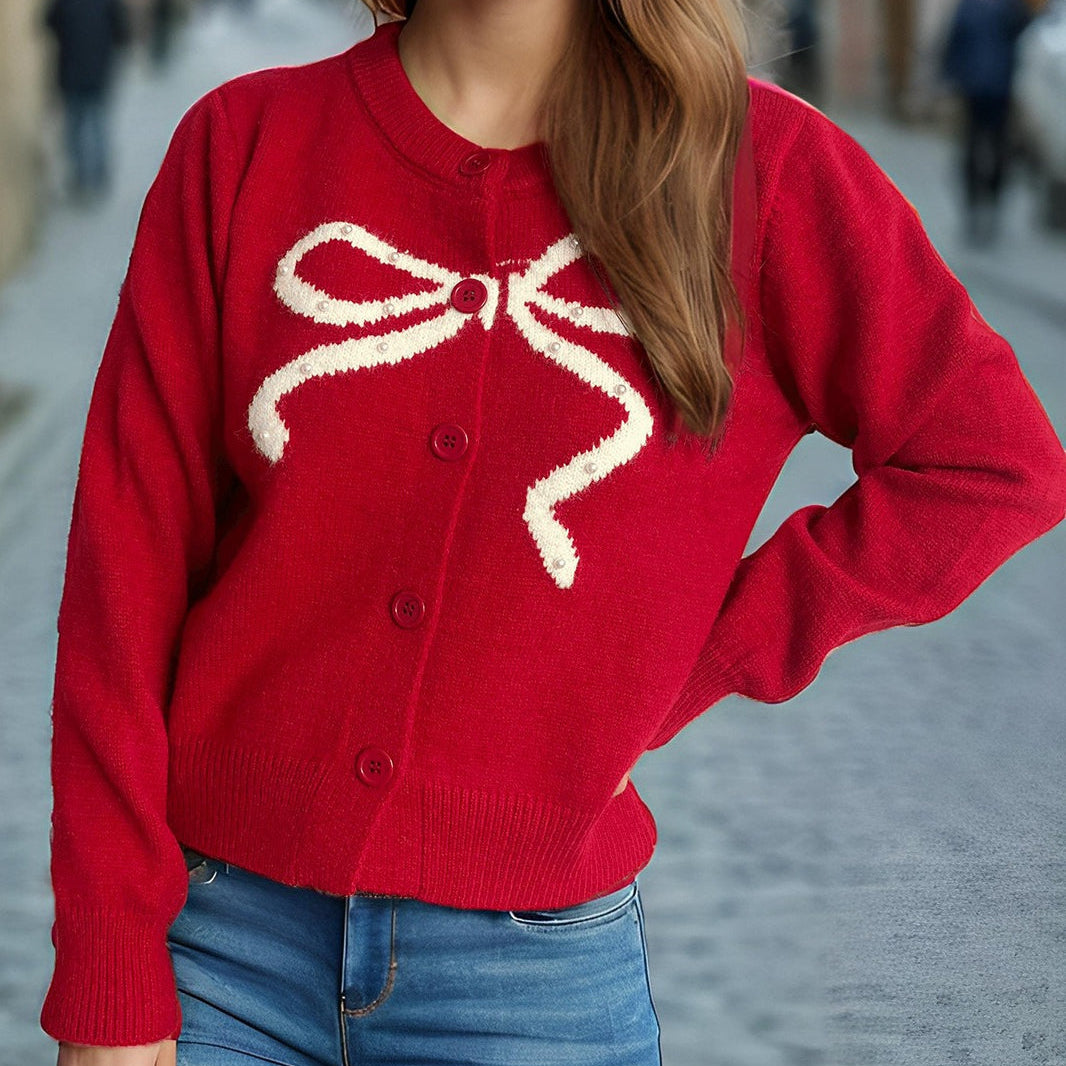 Cardigan rotondo jacquard con fiocco solido