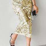 Gonna midi a vita alta con paillettes tinta unita