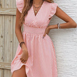 Abito da donna - Scollo incrociato - Maniche a balze - Vita aderente - Gonna svasata