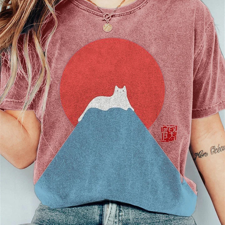 T-shirt da donna - Scollo tondo - Maniche corte - Vestibilità ampia - Stampa grafica di gatto