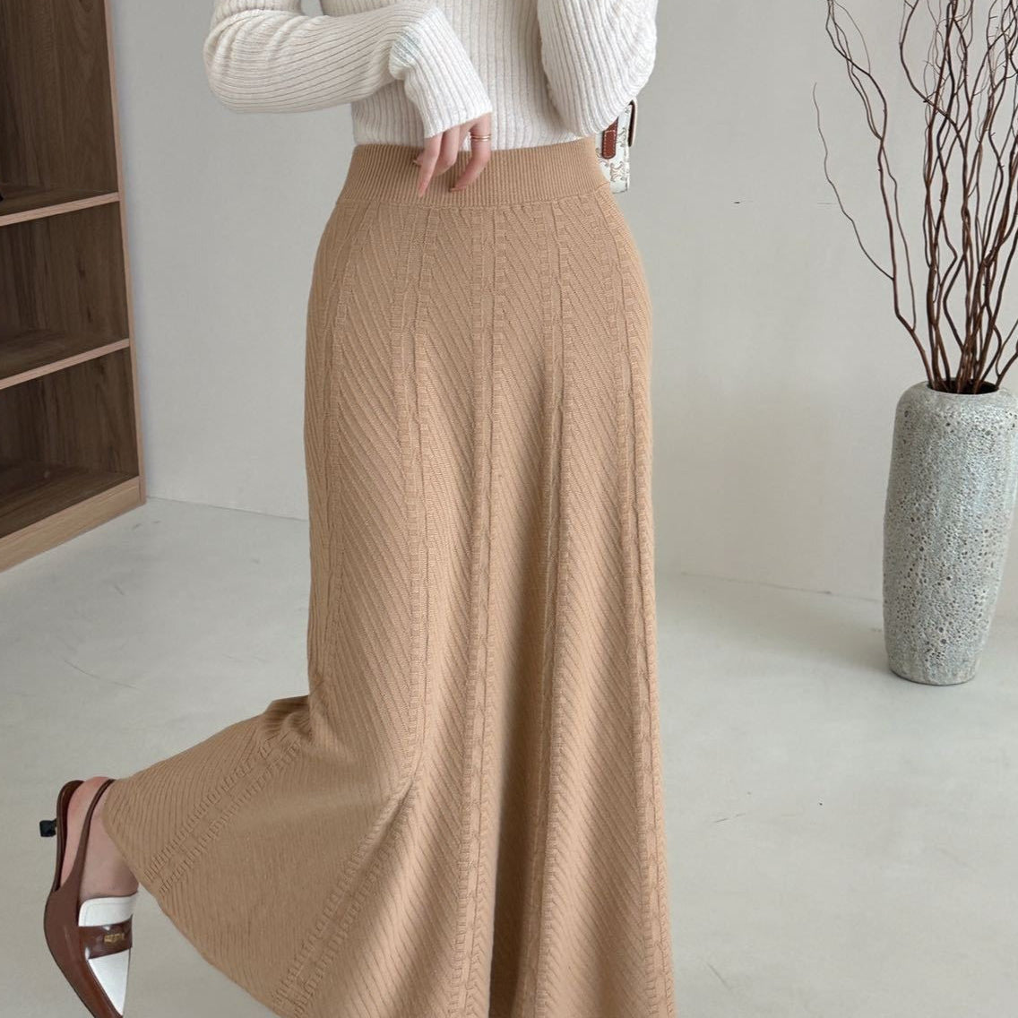 Gonna lunga a vita alta in maglia testurizzata vintage