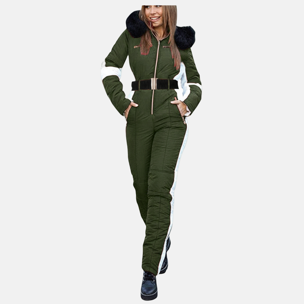 Tuta da sci da donna – Vestibilità slim – Con cintura – Cappuccio in pelliccia sintetica – Impermeabile