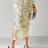 Gonna midi a vita alta con paillettes tinta unita