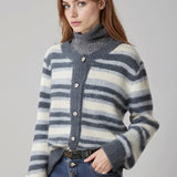 Cardigan in maglia a girocollo, ampio e sottile, con blocchi di colore a righe retrò