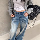 Jeans dritti lunghi fino al pavimento, lavati e stropicciati