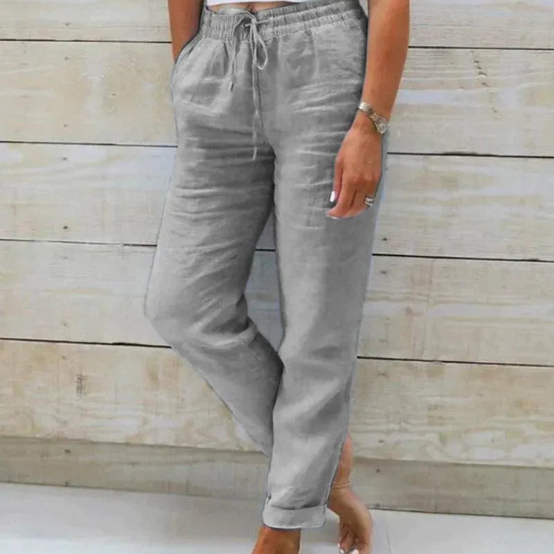 Pantaloni in lino da donna - Vita elasticizzata con coulisse - Vestibilità ampia e traspirante