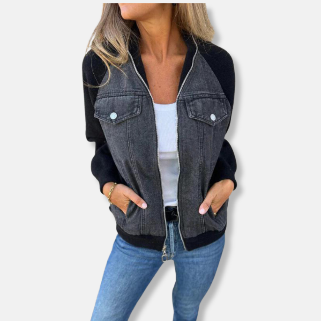 Giubbotto bomber da donna – Misto lana – Pannelli in denim – Taglio dritto