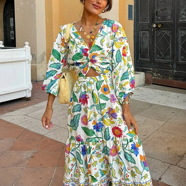 Completo gonna e top da donna - Stile avvolgente - Maniche lunghe - Stampa floreale - Fluido