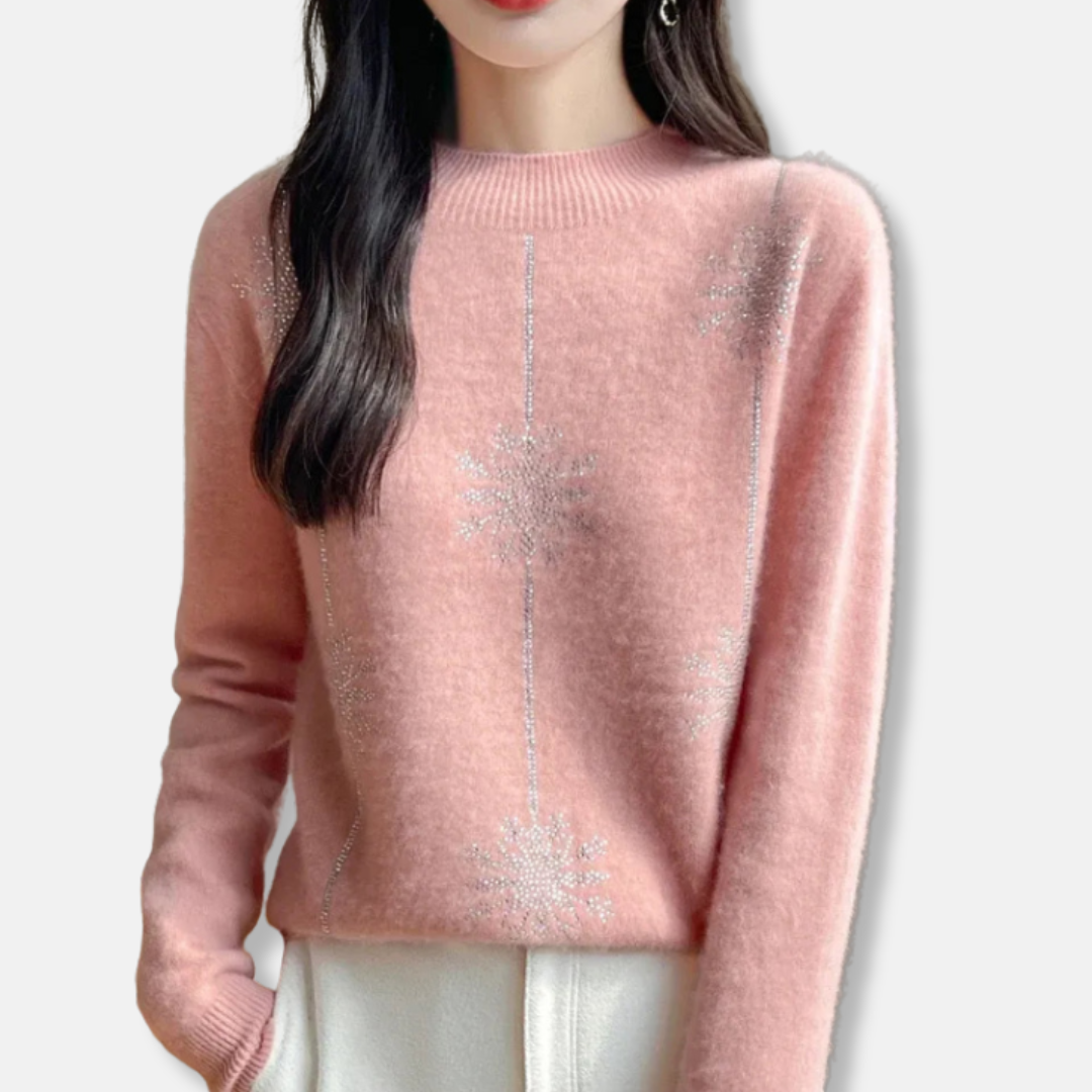 Maglione da donna - Maglia felpata - Vestibilità comoda - Collo alto a coste - Motivo a fiocchi di neve scintillanti