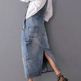 Abito in denim da donna – Vestibilità rilassata – Spalline regolabili – Dettagli effetto consumato – Lunghezza midi