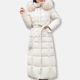 Cappotto lungo da donna – Trapuntato isolante – Cintura aderente – Cappuccio in pelliccia sintetica