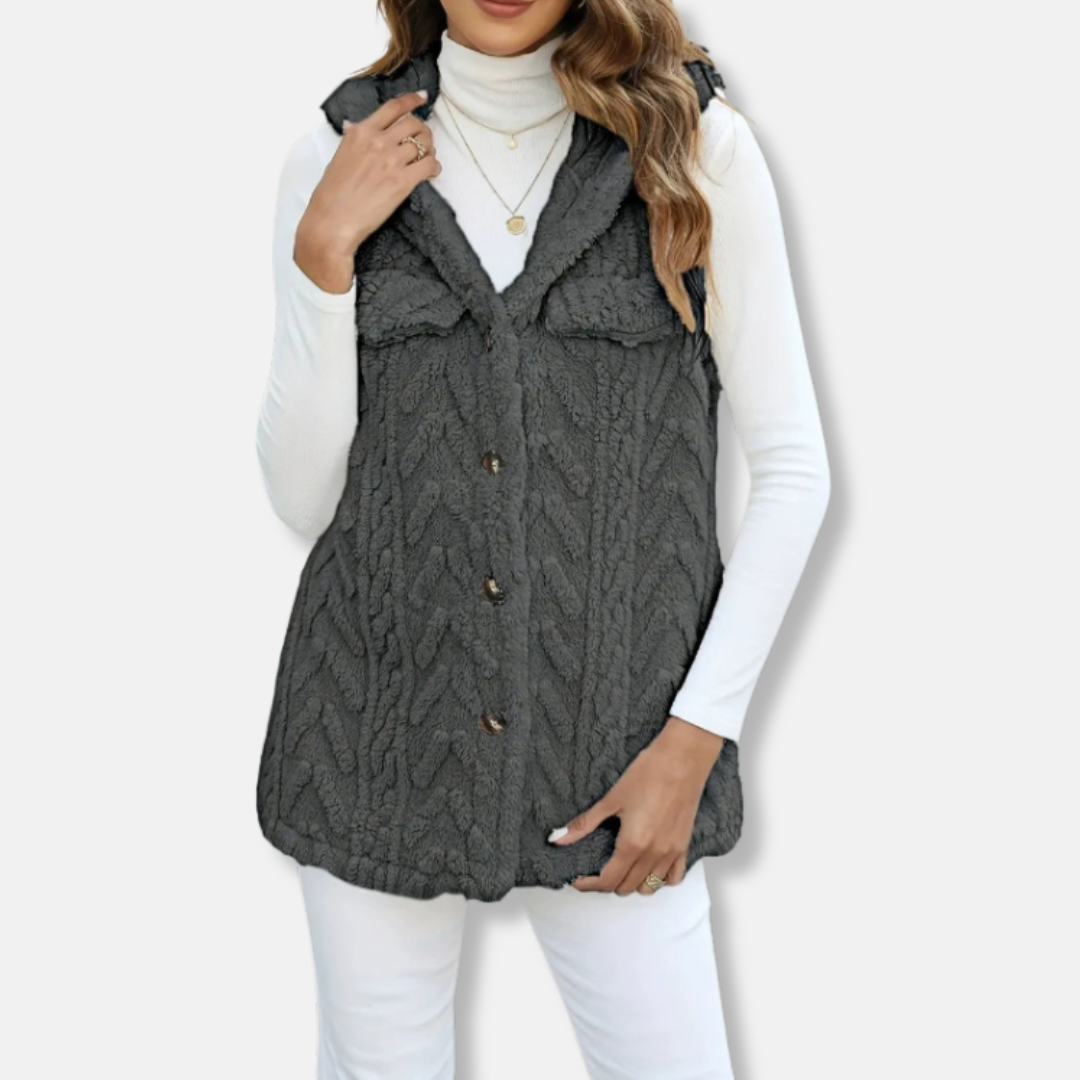 Gilet con cappuccio da donna – Maglia soffice – Vestibilità comoda – Abbottonato – Tasche sul petto