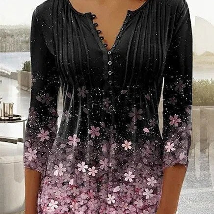 Top da donna – Stampa floreale – Vestibilità ampia – Maniche a 3/4 – Scollo a V con bottoni – Tessuto leggero