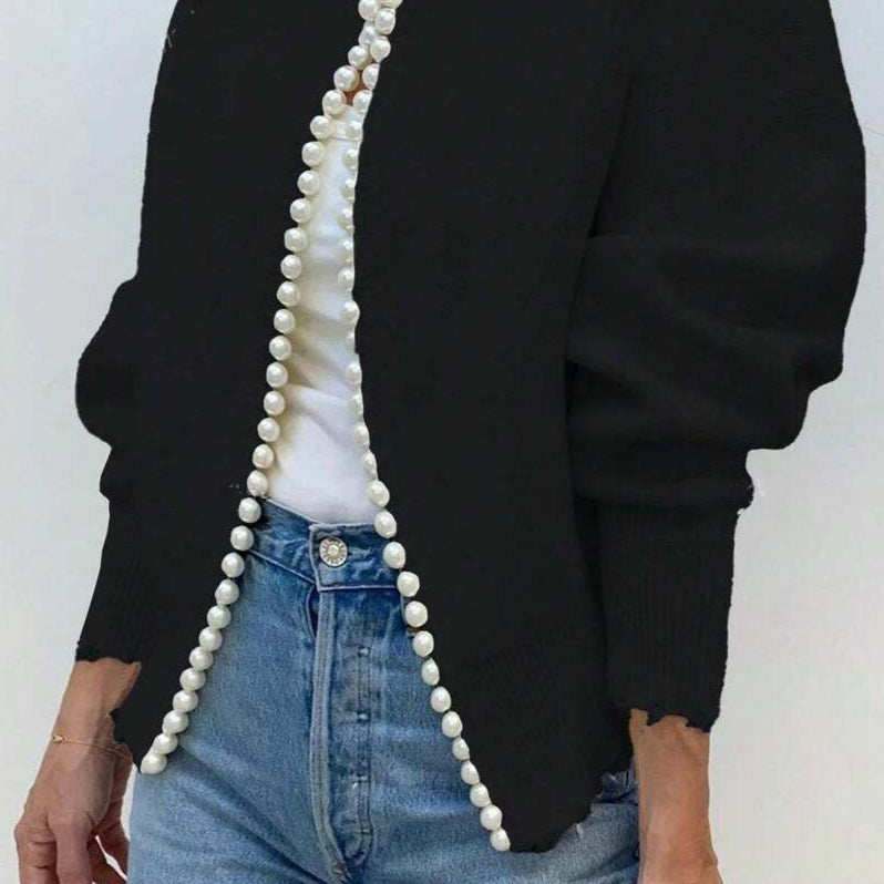 Cardigan in maglia pesante con scollo rotondo e dettagli in perle