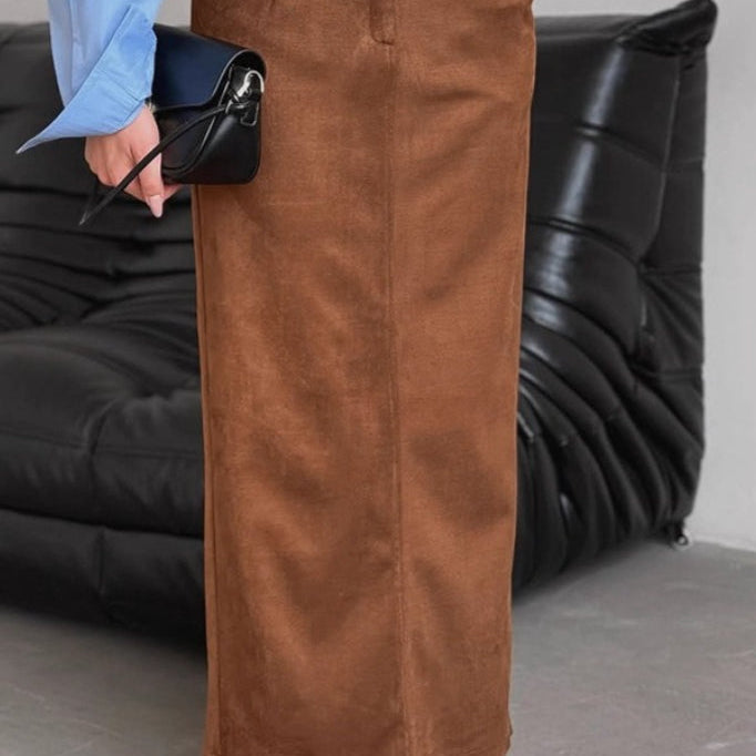 Gonna lunga in pelle scamosciata marrone vintage con spacco dritto