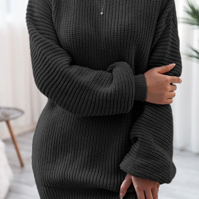 Mini abito ampio a maniche lunghe con scollo a barca in maglia a coste