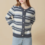 Cardigan in maglia a girocollo, ampio e sottile, con blocchi di colore a righe retrò