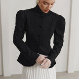 Blazer elegante francese con collo alto e maniche a sbuffo