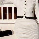 Elegante completo in due pezzi con gonna in maglia a maniche lunghe con volant