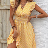 Abito da donna - Scollo incrociato - Maniche a balze - Vita aderente - Gonna svasata