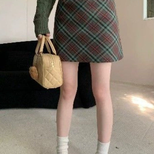 Gonna corta aderente a vita alta in tweed scozzese vintage