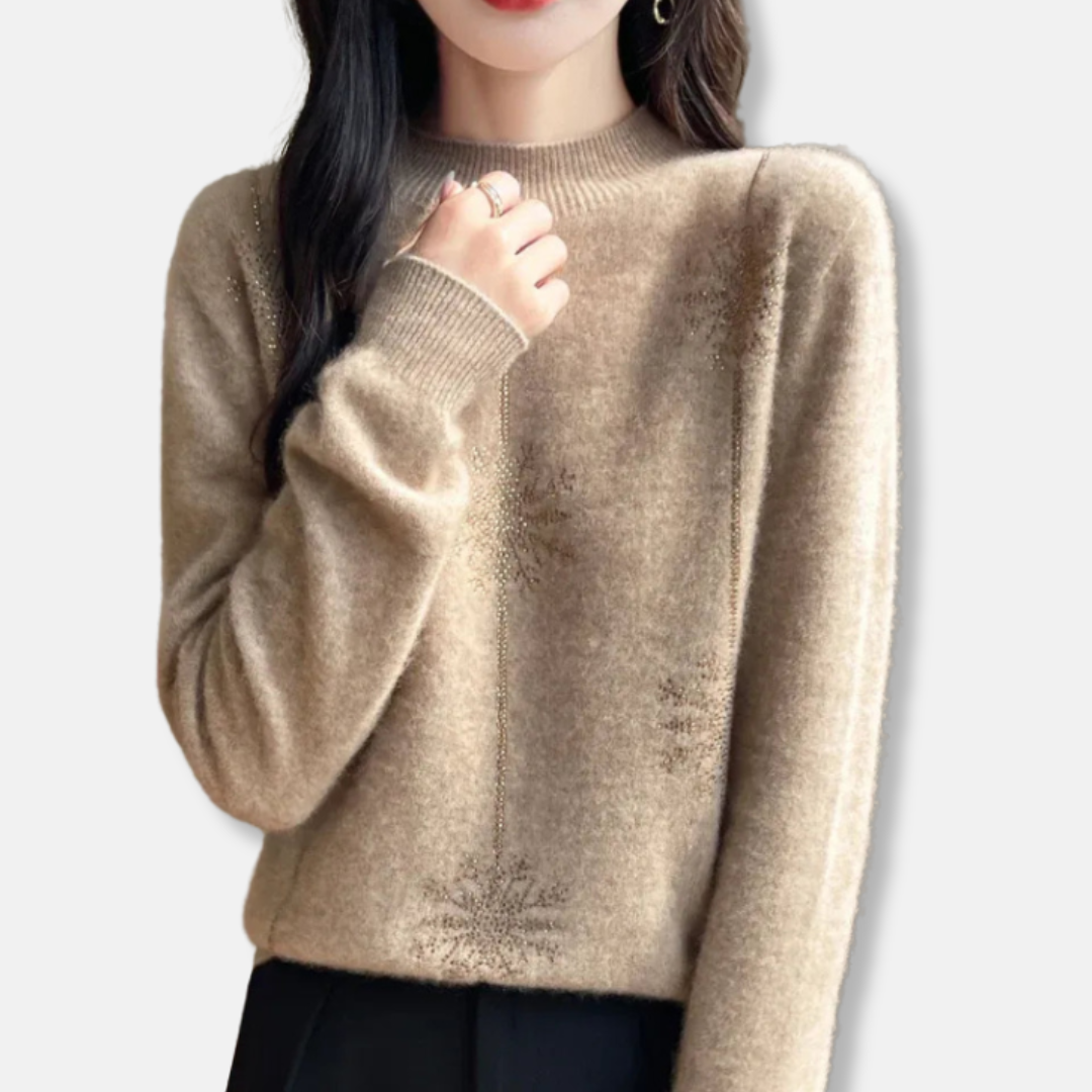 Maglione da donna - Maglia felpata - Vestibilità comoda - Collo alto a coste - Motivo a fiocchi di neve scintillanti