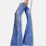 Pantaloni da donna – Vita alta – Gamba larga – Paillettes geometriche – Lunghezza intera