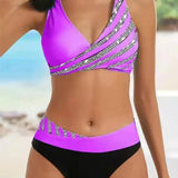 Bikini da donna – Vita alta – Top incrociato – Tessuto elasticizzato traspirante – Righe stampate