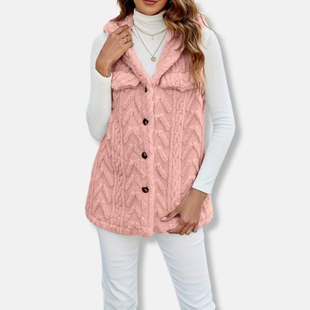 Gilet con cappuccio da donna – Maglia soffice – Vestibilità comoda – Abbottonato – Tasche sul petto