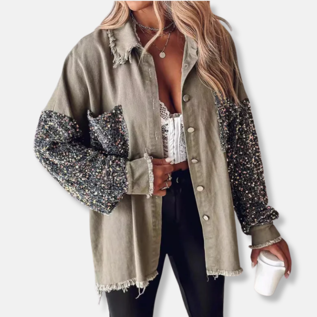 Giacca in denim da donna - Misto cotone - Vestibilità oversize - Lunghezza tunica - Bordi sfrangiati