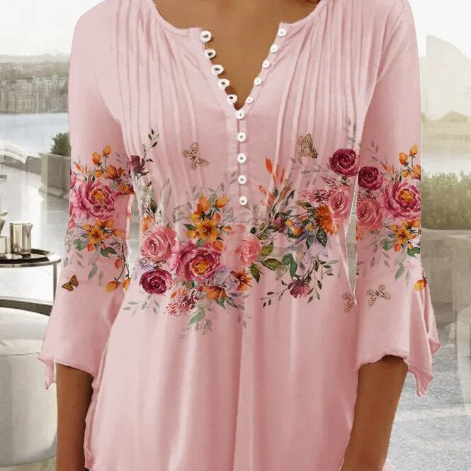 Top da donna – Stampa floreale – Vestibilità ampia – Maniche a 3/4 – Scollo a V con bottoni – Tessuto leggero