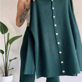 Completo da donna – Gilet con bottoni e pantaloni a vita alta – Maglia a coste – Vestibilità ampia