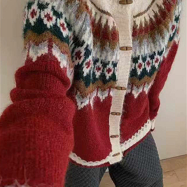 Cardigan in maglia con bottoni Fair Isle Horn e scollo rotondo