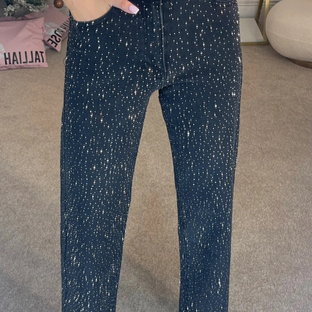 Jeans a vita alta lavati con strass