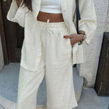 Pantaloni da ufficio con coulisse in cotone color albicocca, set da due pezzi