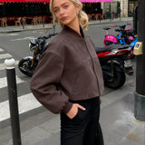 Giacca da pilota retrò in pelle scamosciata grigia con collo alto e cerniera