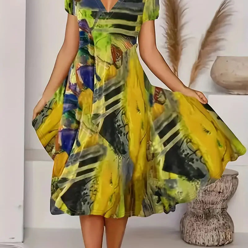 Abito da donna - Taglio a trapezio - Elegante scollo a V - Maniche corte - Motivo astratto