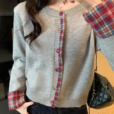 Cardigan girocollo a contrasto con motivo scozzese rosso