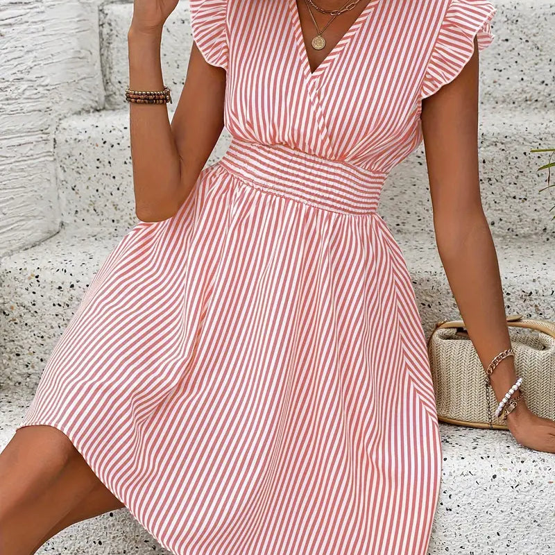 Abito da donna - Scollo incrociato - Maniche a balze - Vita aderente - Gonna svasata