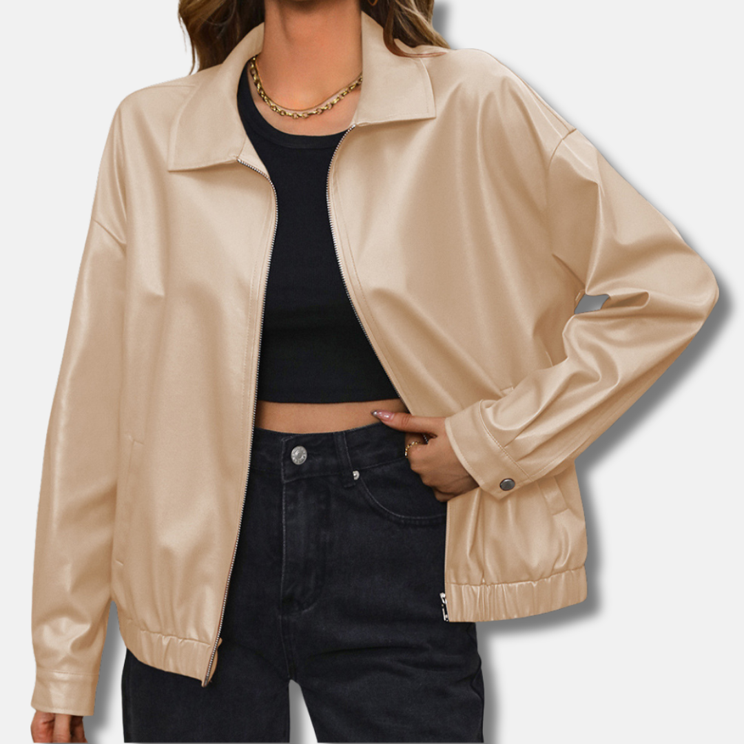 Giacca biker da donna – Pelle sintetica – Vestibilità rilassata – Corta – Cerniera frontale