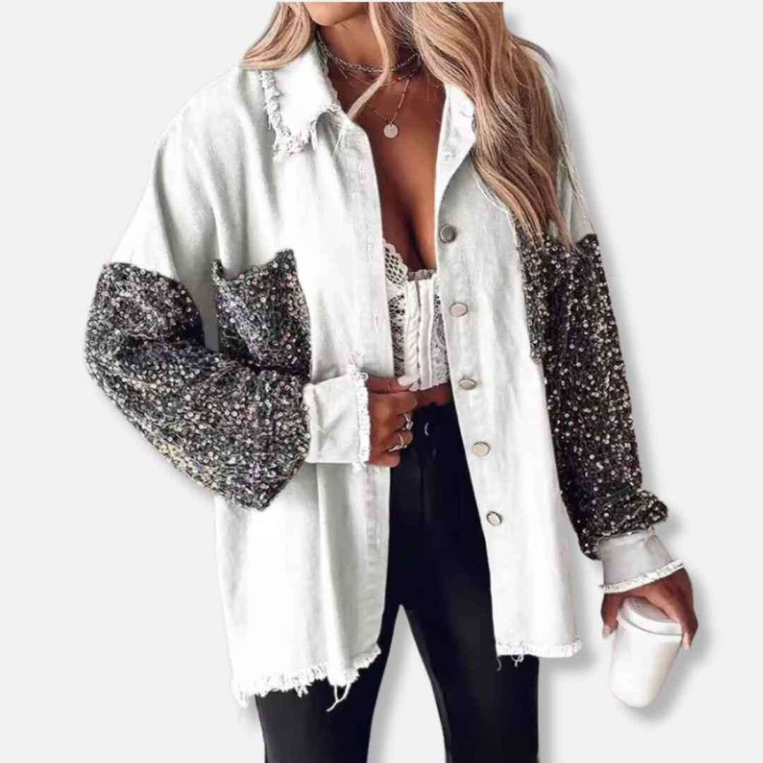 Giacca in denim da donna - Misto cotone - Vestibilità oversize - Lunghezza tunica - Bordi sfrangiati