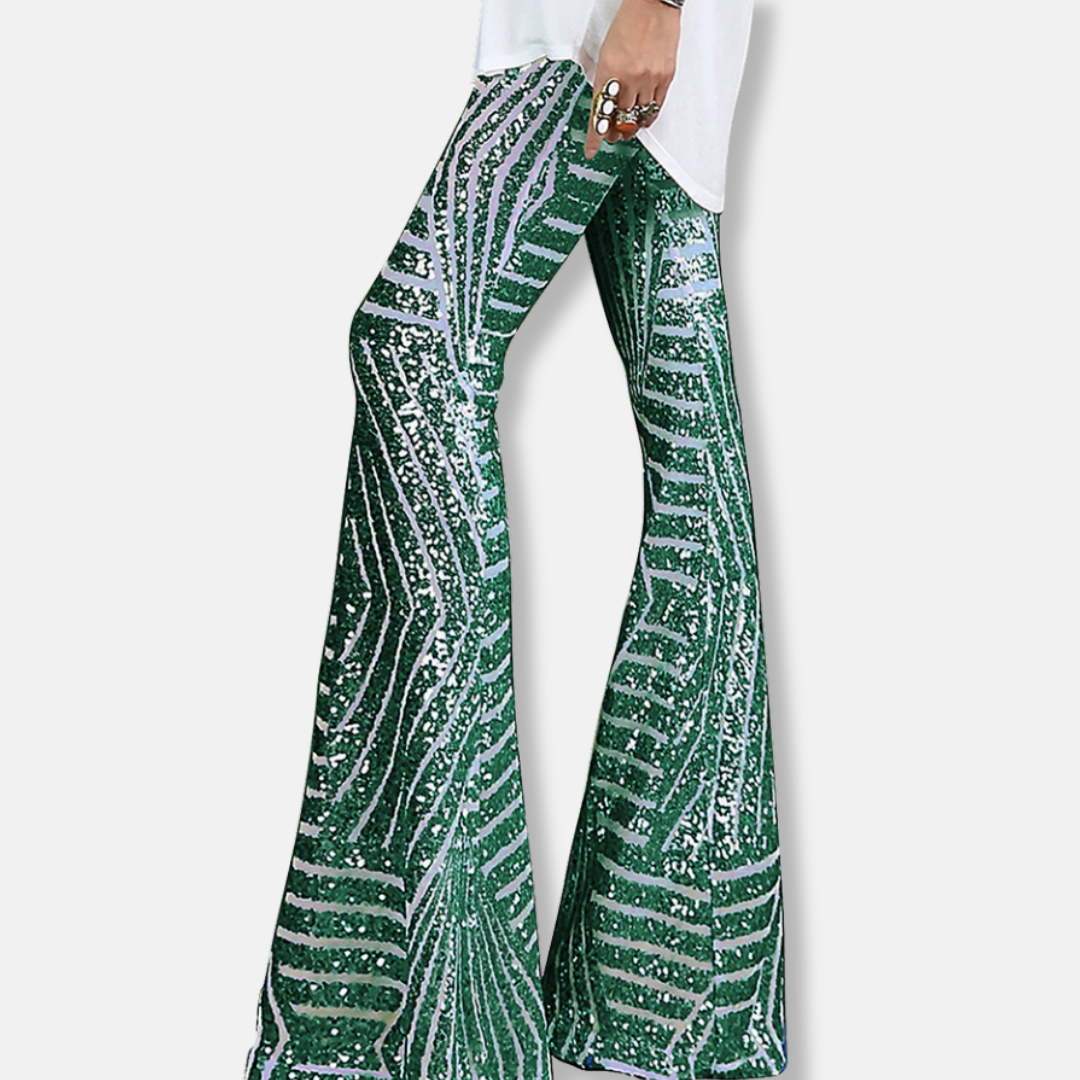 Pantaloni da donna – Vita alta – Gamba larga – Paillettes geometriche – Lunghezza intera