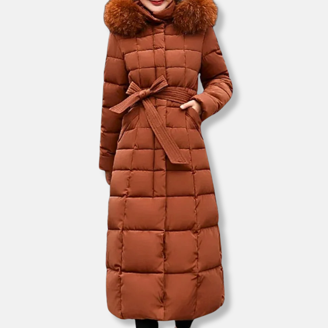 Cappotto lungo da donna – Trapuntato isolante – Cintura aderente – Cappuccio in pelliccia sintetica