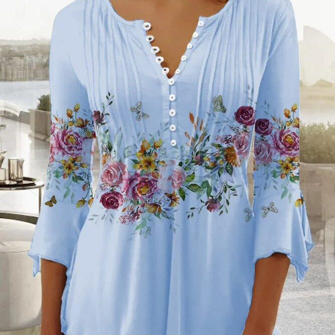 Top da donna – Stampa floreale – Vestibilità ampia – Maniche a 3/4 – Scollo a V con bottoni – Tessuto leggero