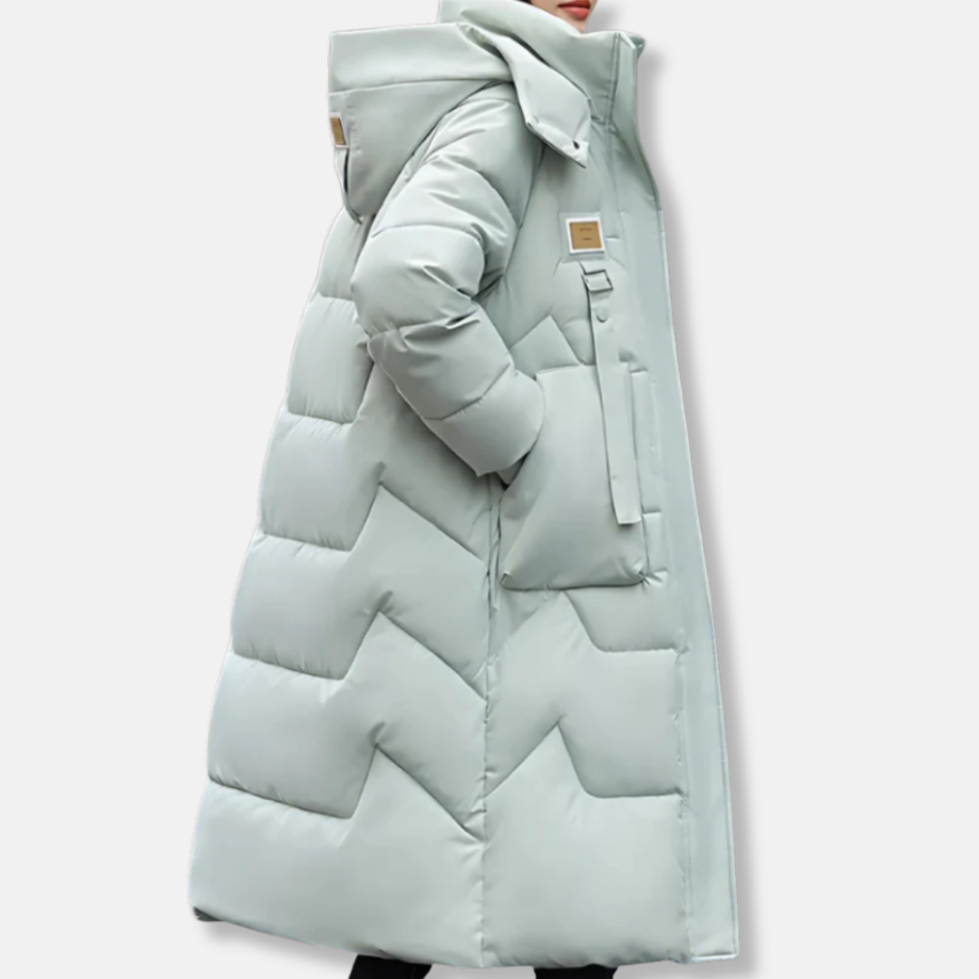 Piumino lungo da donna - Tessuto intrecciato - Vestibilità oversize - Collo alto con cappuccio