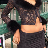 Completo due pezzi sexy in pile patchwork con maniche lunghe e pizzo