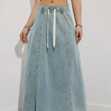 Gonna lunga in denim da donna - Vita elasticizzata con coulisse - Vestibilità ampia
