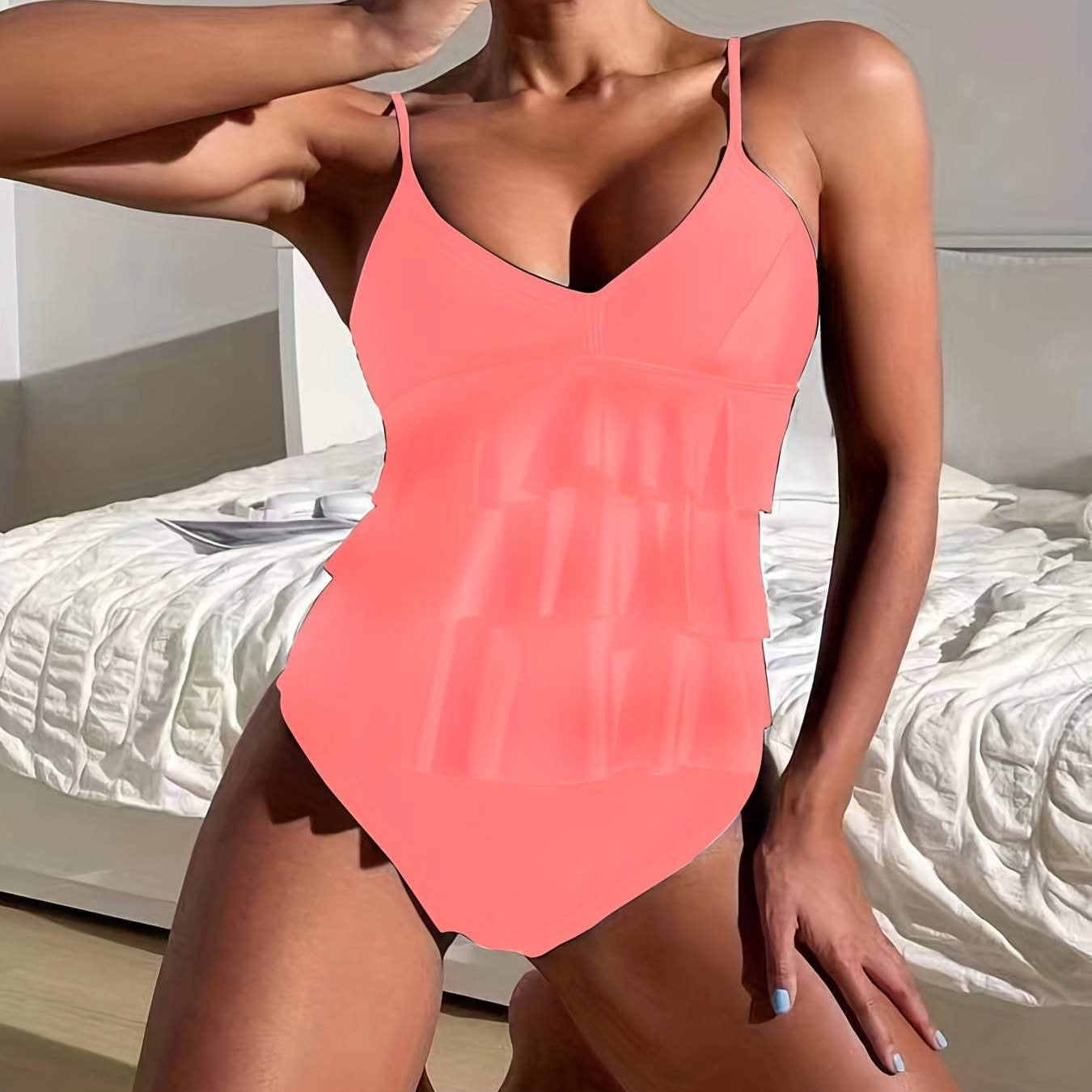 Costume da bagno tankini da donna - Spalline sottili - Volant a strati - Taglio lusinghiero