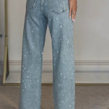 Jeans a vita alta lavati con strass