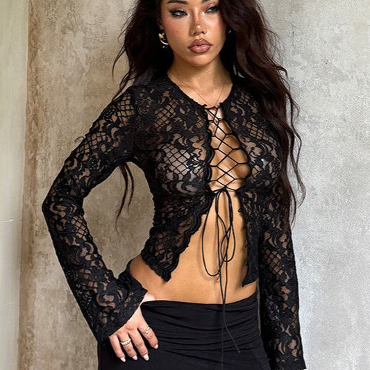 Camicetta sexy in pizzo con lacci retrò Y2K